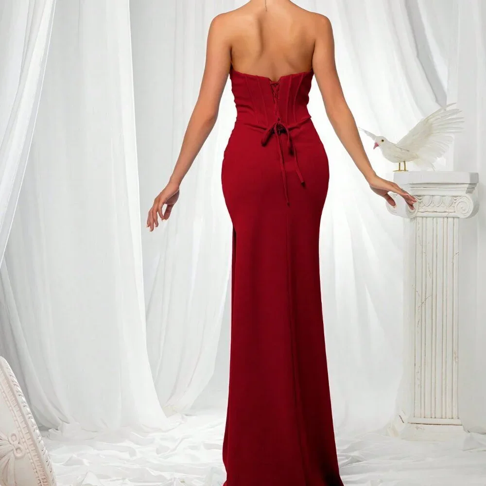 Red Party Women's Elegant Flattering Fitted Strapless Satin maxi Dress